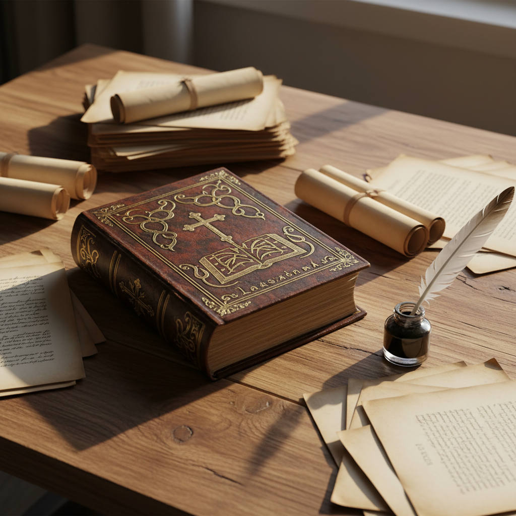 An antique, ornate leather-bound book embossed with golden Laestadian symbols is opened gently on a polished reclaimed wood desk. Surrounding the book are neat stacks of weathered parchment and a delicate feather quill in an inkwell, evoking a scholarly and historical atmosphere. Soft afternoon sunlight cascades through a nearby window, highlighting the intricate textures of the leather and casting long, gentle shadows across the workspace. The composition is centered, with a slightly elevated camera angle providing a clear view of the rich details. The mood is thoughtful and reverent, underscoring a sense of history and tradition. The artistic style is clean and modern, blending realism with warm, inviting tones to fit the site’s educational and forward-looking theme.