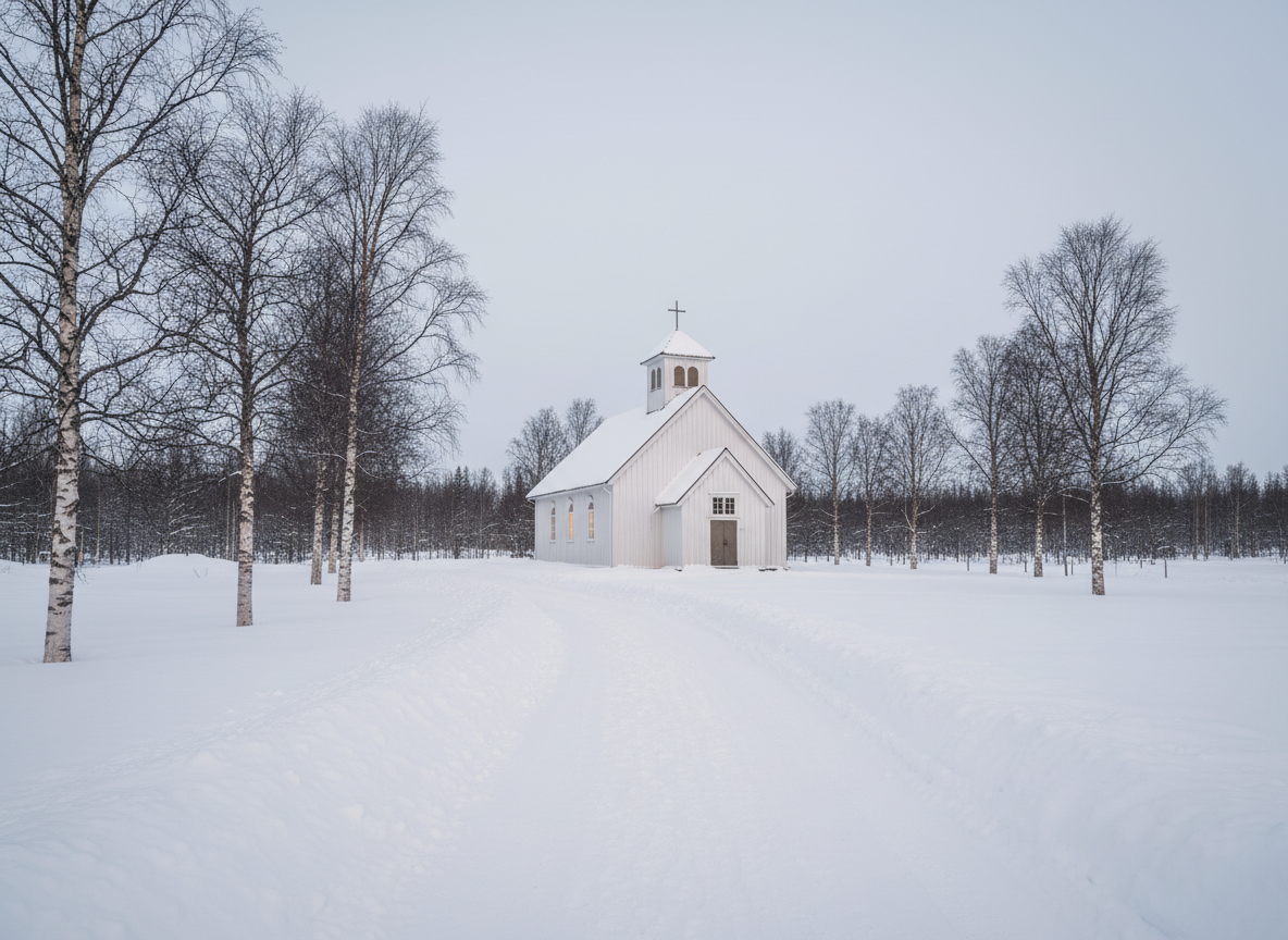 A humble white wooden Nordic church under a pale winter sky in Swedish Lapland
