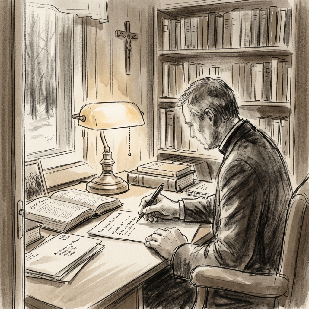 Illustration of Heikki Järvinen writing his letter to Pope Francis